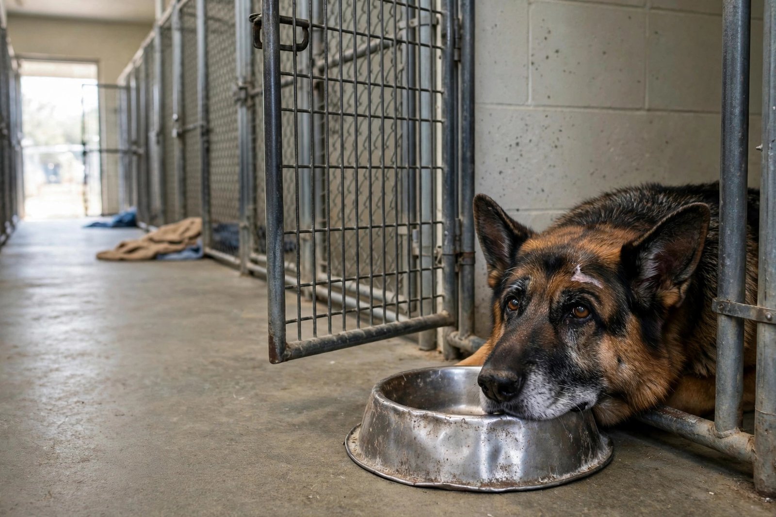 Rex, a senior German Shepherd, resting beside his dented bowl